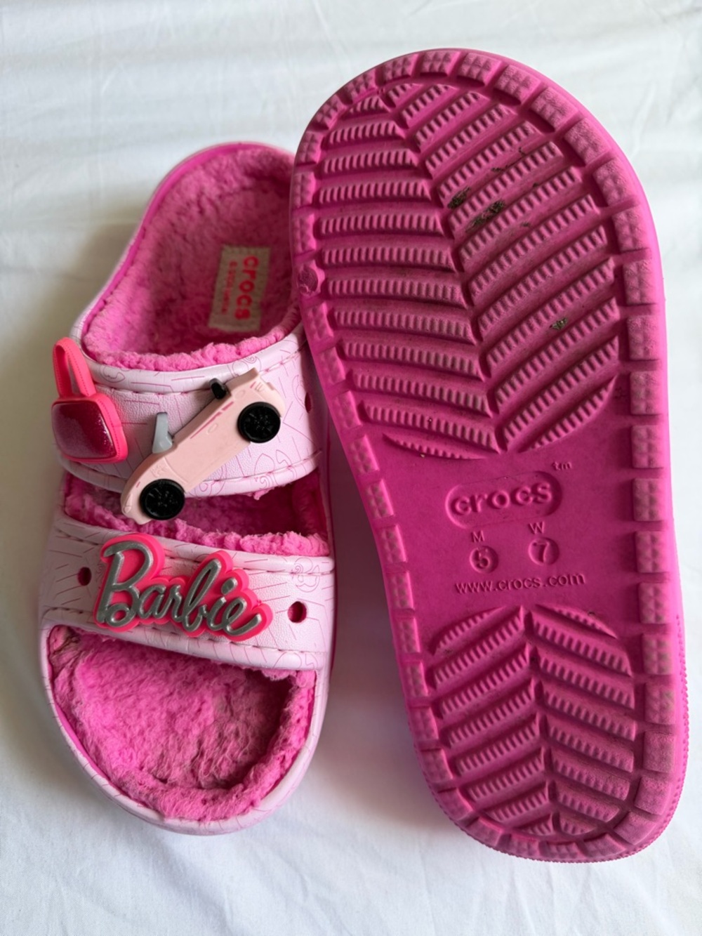 CROCS Pink Fuzzy Slide Sandals with Barbie Charms - Picture 2 of 2